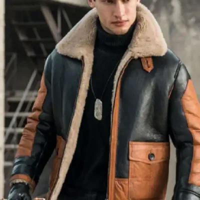 Mens Aviator Fur Sheepskin Leather Black & Brown Jacket