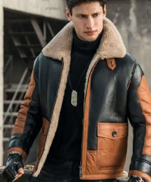 Mens Aviator Fur Sheepskin Leather Black & Brown Jacket