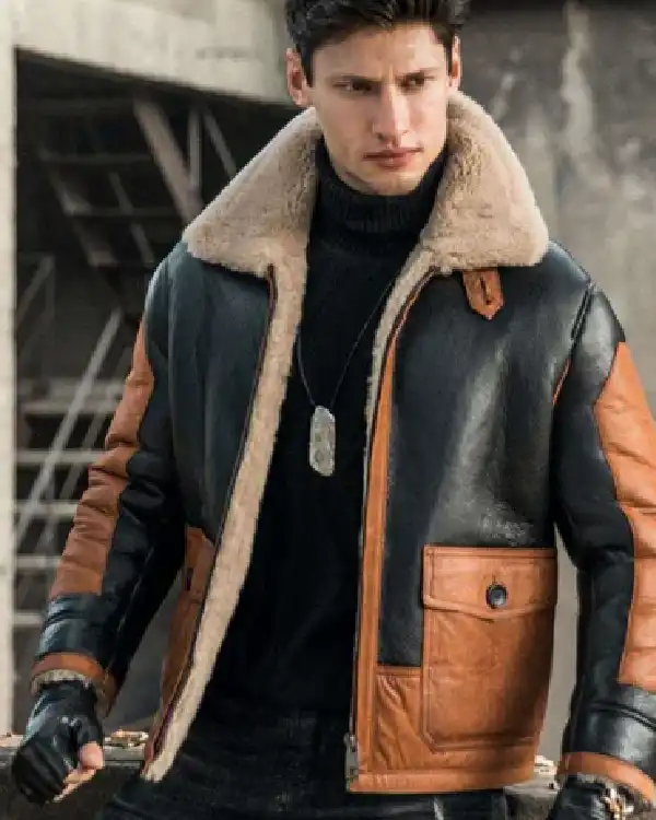 Mens Aviator Fur Sheepskin Leather Black & Brown Jacket