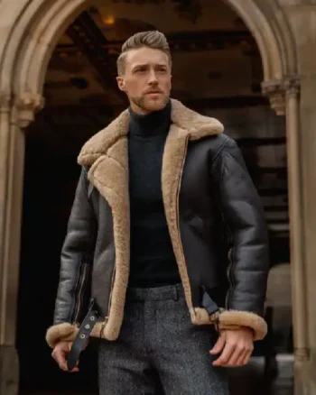 Mens Aviator Fur Sheepskin Leather Black Jacket