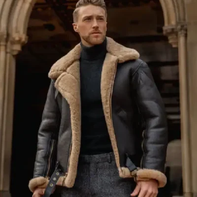 Mens Aviator Fur Sheepskin Leather Black Jacket
