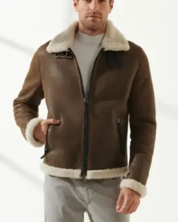 Mens Aviator Fur Sheepskin Leather Dark Brown Jacket