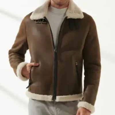 Mens Aviator Fur Sheepskin Leather Dark Brown Jacket