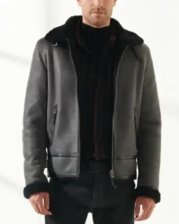 Mens Aviator Fur Sheepskin Leather Gray Jacket