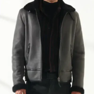 Mens Aviator Fur Sheepskin Leather Gray Jacket