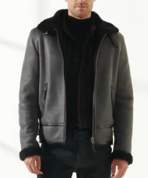 Mens Aviator Fur Sheepskin Leather Gray Jacket