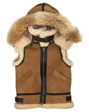 Mens B3 Bomber Removable Hoodie Real Shearling Sheepskin Brown Leather Vest