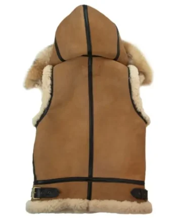Mens B3 Bomber Removable Hoodie Real Shearling Sheepskin Brown Leather Vest - Image 2