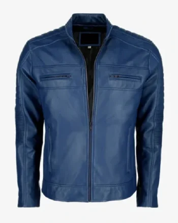 Mens Blue Cafe Racer Leather Jacket