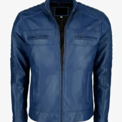 Mens Blue Cafe Racer Leather Jacket