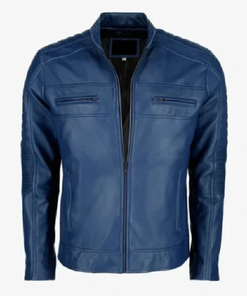 Mens Blue Cafe Racer Leather Jacket