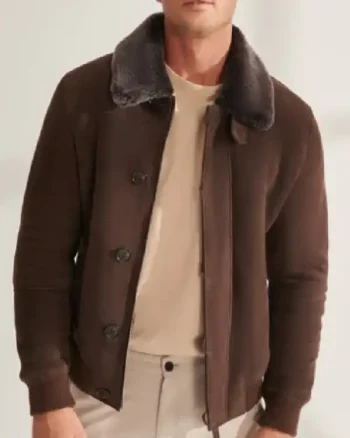 Mens Bomber Sheepskin Aviator Leather Dark Brown Jacket