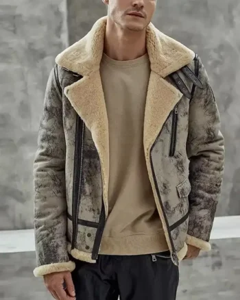 Mens Distressed Biker Shearling Leather Jacket