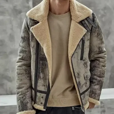 Mens Distressed Biker Shearling Leather Jacket