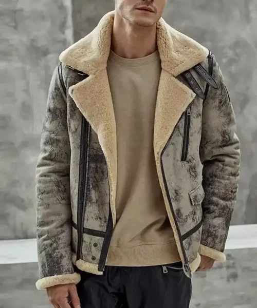 Mens Distressed Biker Shearling Leather Jacket