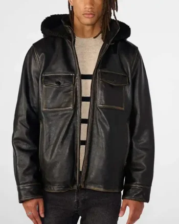 Mens Distressed Leather Harrington Shearling Black Jacket