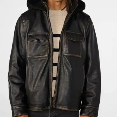 Mens Distressed Leather Harrington Shearling Black Jacket