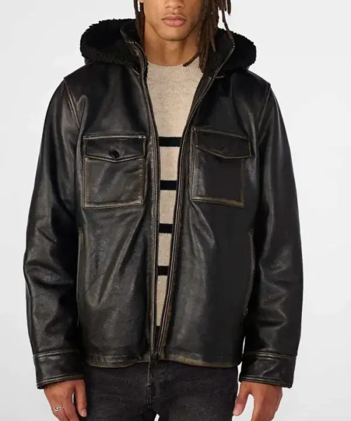 Mens Distressed Leather Harrington Shearling Black Jacket