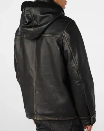 Mens Distressed Leather Harrington Shearling Black Jacket back