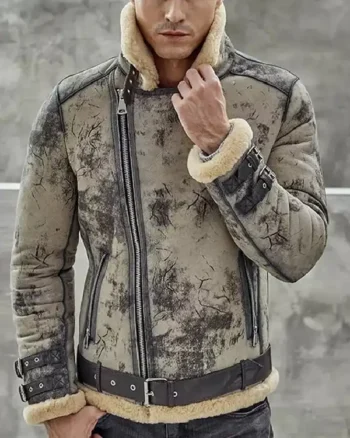 Men’s Distressed Shearling Biker Leather Jacket