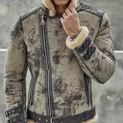 Men’s Distressed Shearling Biker Leather Jacket