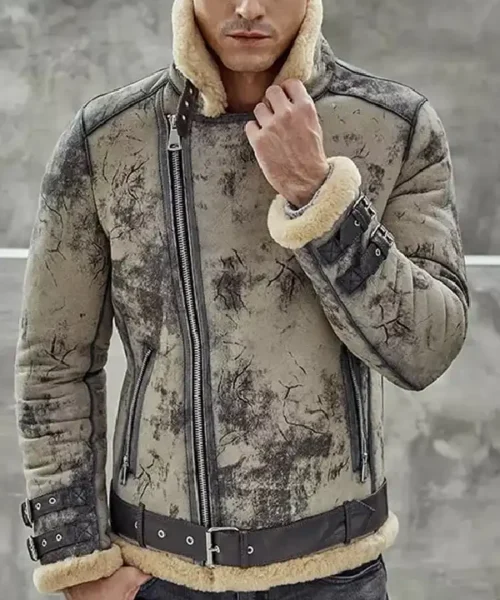 Men’s Distressed Shearling Biker Leather Jacket