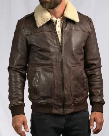 Mens Distressed Shearling Bomber Leather Dark Brown Jacket