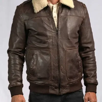 Mens Distressed Shearling Bomber Leather Dark Brown Jacket