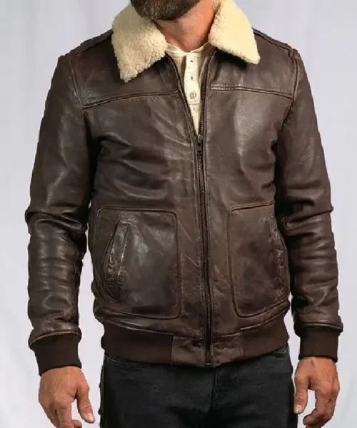 Mens Distressed Shearling Bomber Leather Dark Brown Jacket