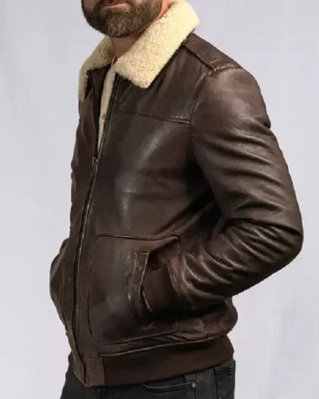 Mens Distressed Shearling Bomber Leather Dark Brown Jacket back