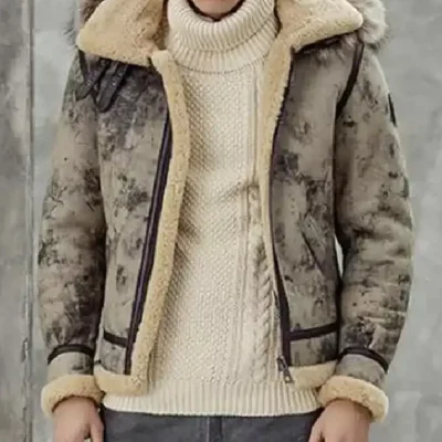 Mens Distressed Shearling Leather Jacket With Fur Hooded