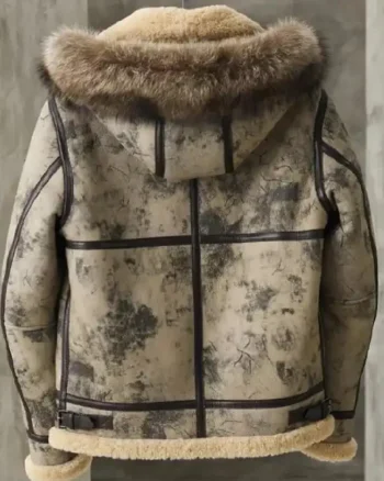 Mens Distressed Shearling Leather Jacket With Fur Hooded back