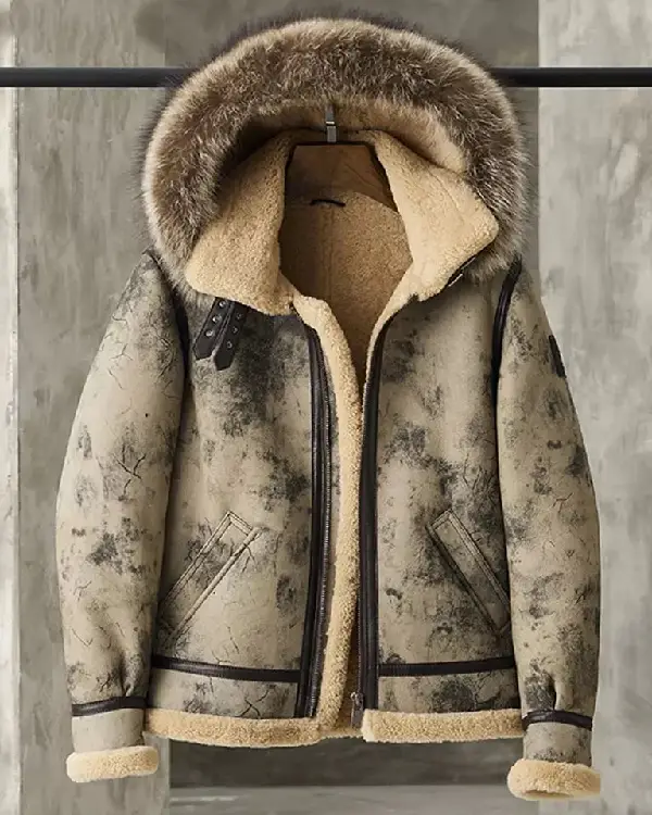Mens Distressed Shearling Leather Jacket With Fur Hooded sale