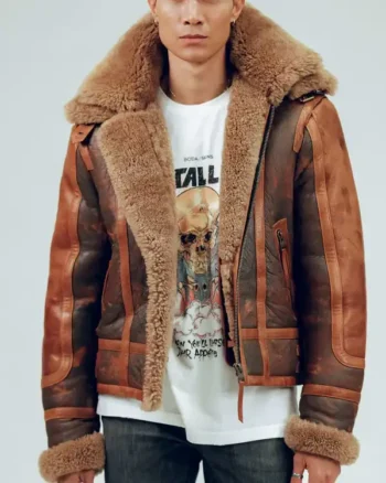 Mens Distressed Sheepskin Leather Shearling Brown Jacket