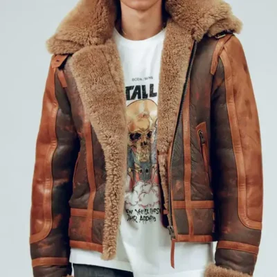 Mens Distressed Sheepskin Leather Shearling Brown Jacket