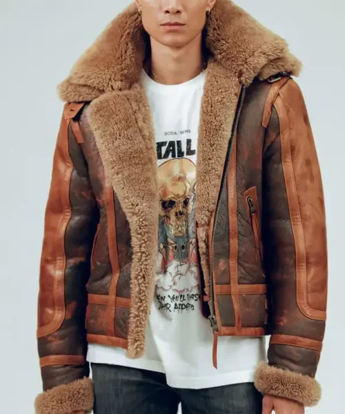 Mens Distressed Sheepskin Leather Shearling Brown Jacket