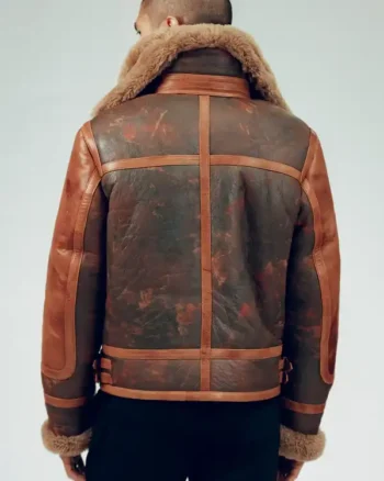 Mens Distressed Sheepskin Leather Shearling Brown Jacket back