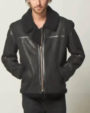 Mens Fur Aviator Sheepskin Leather Black Jacket