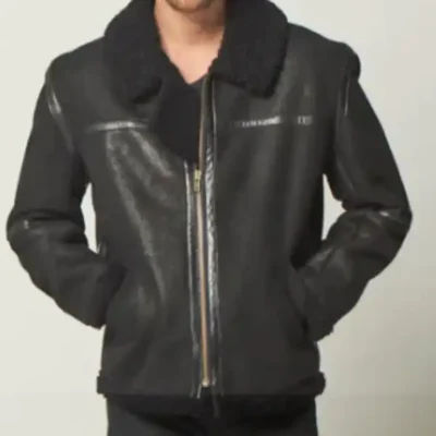 Mens Fur Aviator Sheepskin Leather Black Jacket