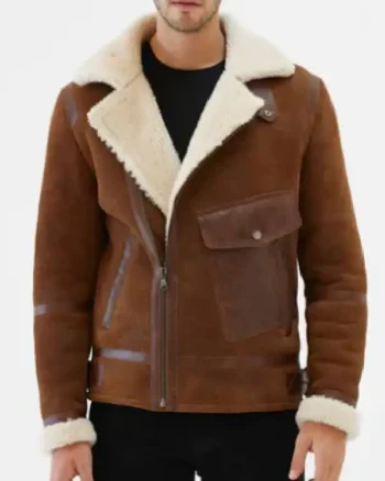 Mens Fur Shearling Biker Leather Brown Jacket