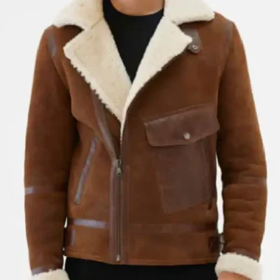 Mens Fur Shearling Biker Leather Brown Jacket