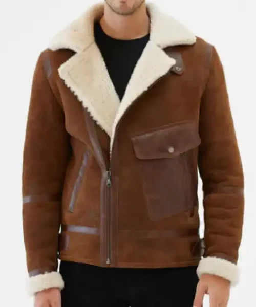 Mens Fur Shearling Biker Leather Brown Jacket