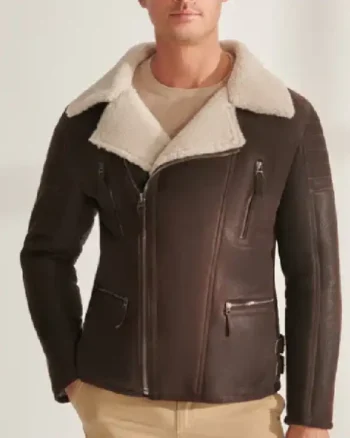 Mens Fur Shearling Biker Leather Dark Brown Jacket
