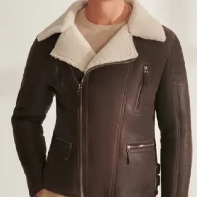 Mens Fur Shearling Biker Leather Dark Brown Jacket