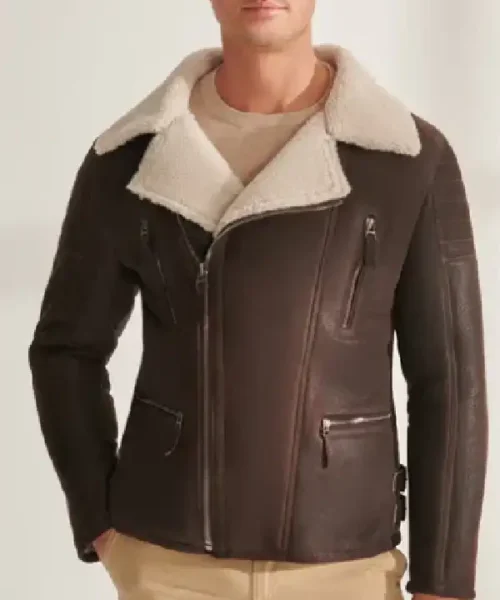 Mens Fur Shearling Biker Leather Dark Brown Jacket