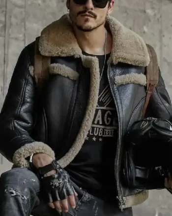 Mens Gray Shearling B3 Leather Black Jacket