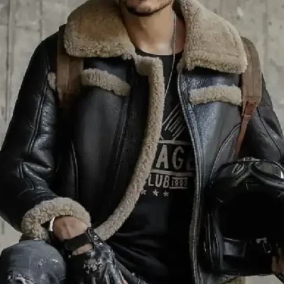 Mens Gray Shearling B3 Leather Black Jacket