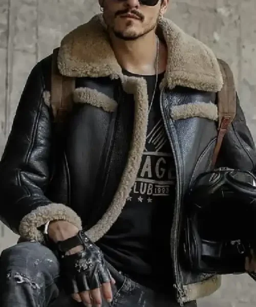 Mens Gray Shearling B3 Leather Black Jacket
