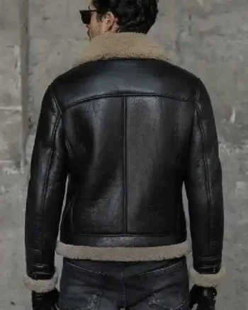 Mens Gray Shearling B3 Leather Black Jacket back