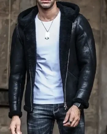 Mens Hooded Shearling Leather Black Jacket